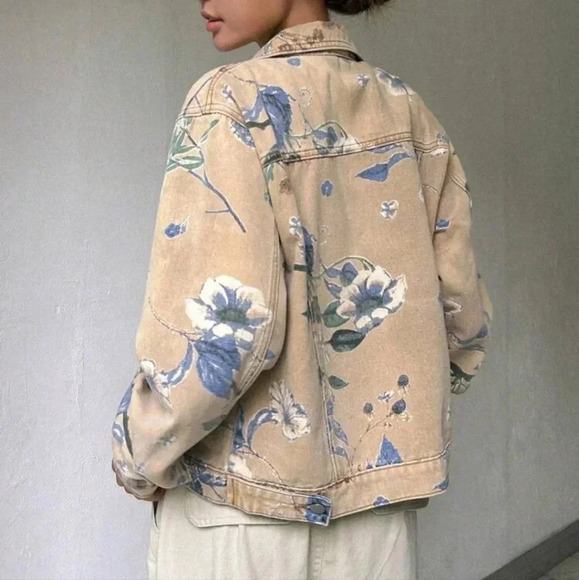 Floral Print Drop Shoulder Denim Jacket - Picture 3 of 14